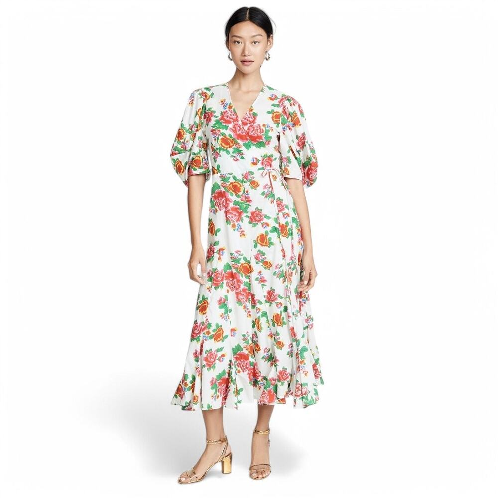 NWT Rhode Fiona Wrap Dress Floral Print Puff Sleeve Cotton Midi Boho Size XS